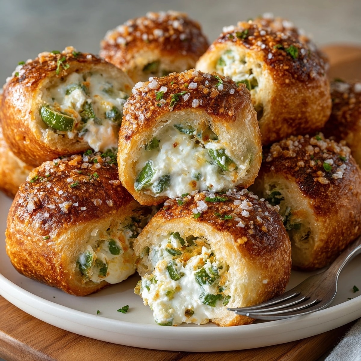 Golden, cheesy jalapeño popper stuffed pretzel bites, served warm with creamy dipping sauce.