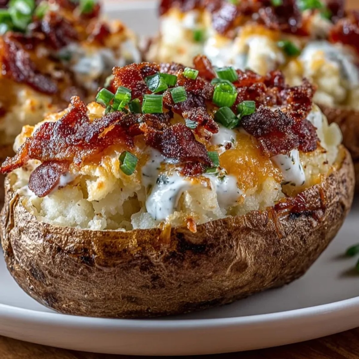 Creamy Cheddar Bacon Ranch Twice-Baked Potatoes, bubbling with cheese, ready to serve.
