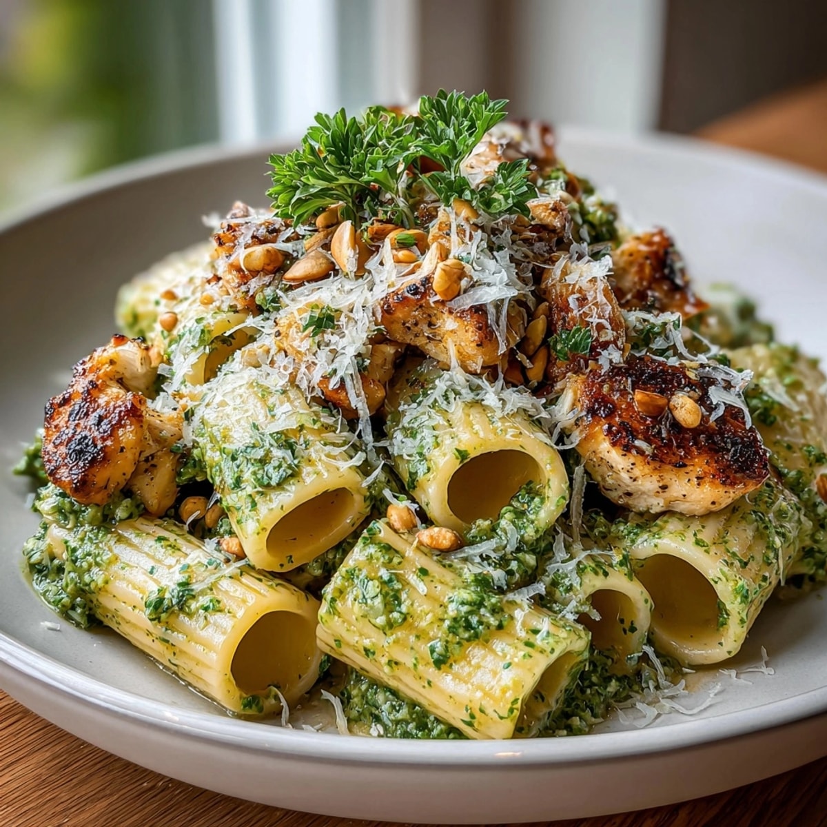 Scoops of easy creamy pesto chicken pasta skillet, ready for a weeknight dinner.