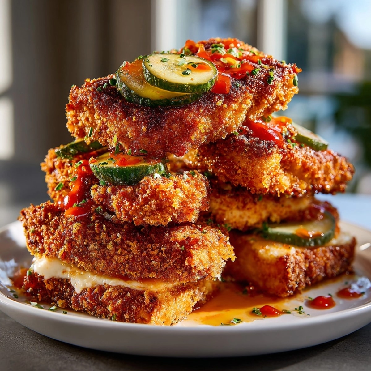 Crispy, fiery Nashville Hot Chicken Tenders glistening with spice, served on a checkered plate.