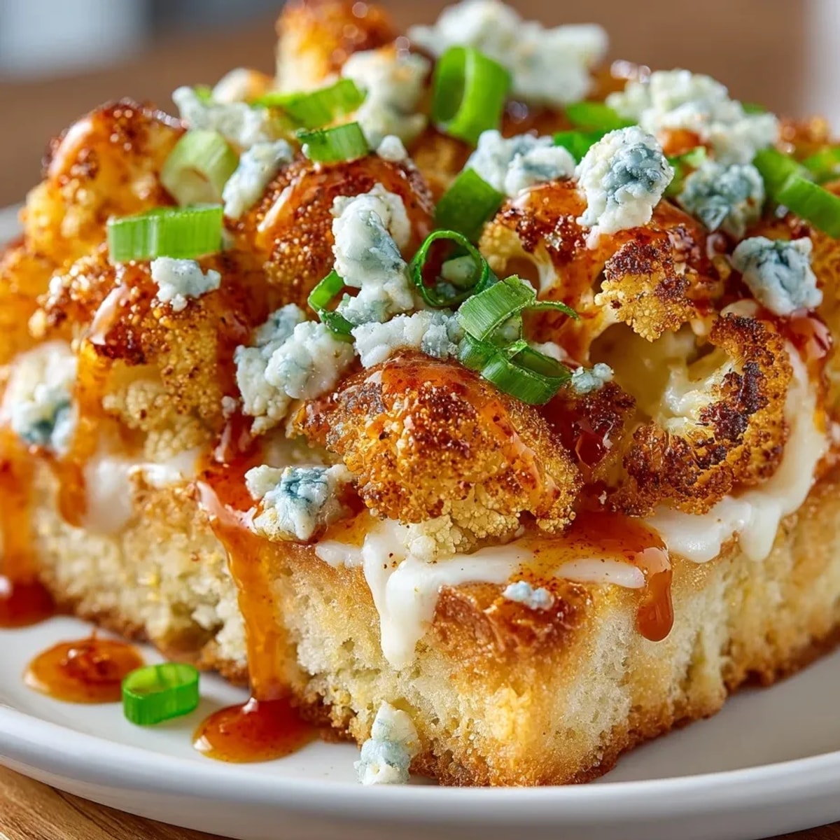 Crispy buffalo cauliflower flatbread squares with creamy ranch drizzle, a flavorful lunch option.