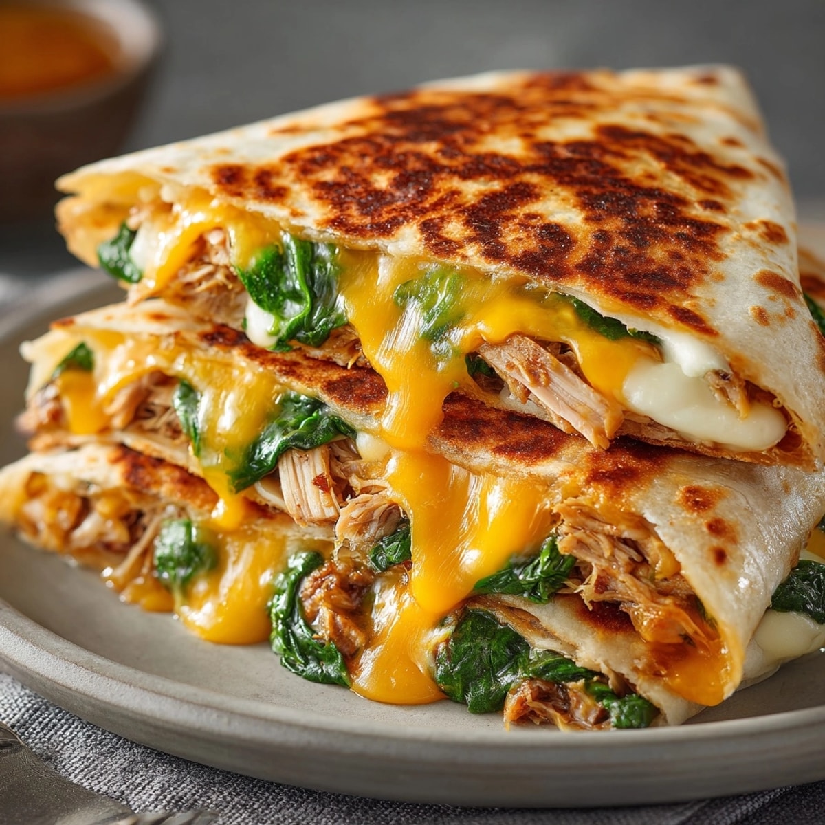 Speedy Turkey & Spinach Quesadillas sizzle lightly browned on a hot skillet, cheesy filling melting.
