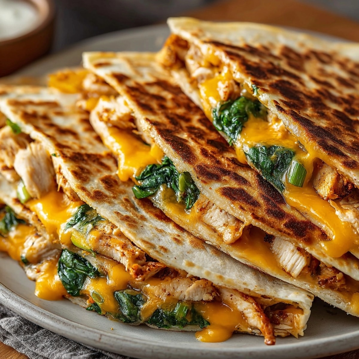 Warm, comforting Speedy Turkey &amp; Spinach Quesadillas, oozing with cheese and savory turkey filling.