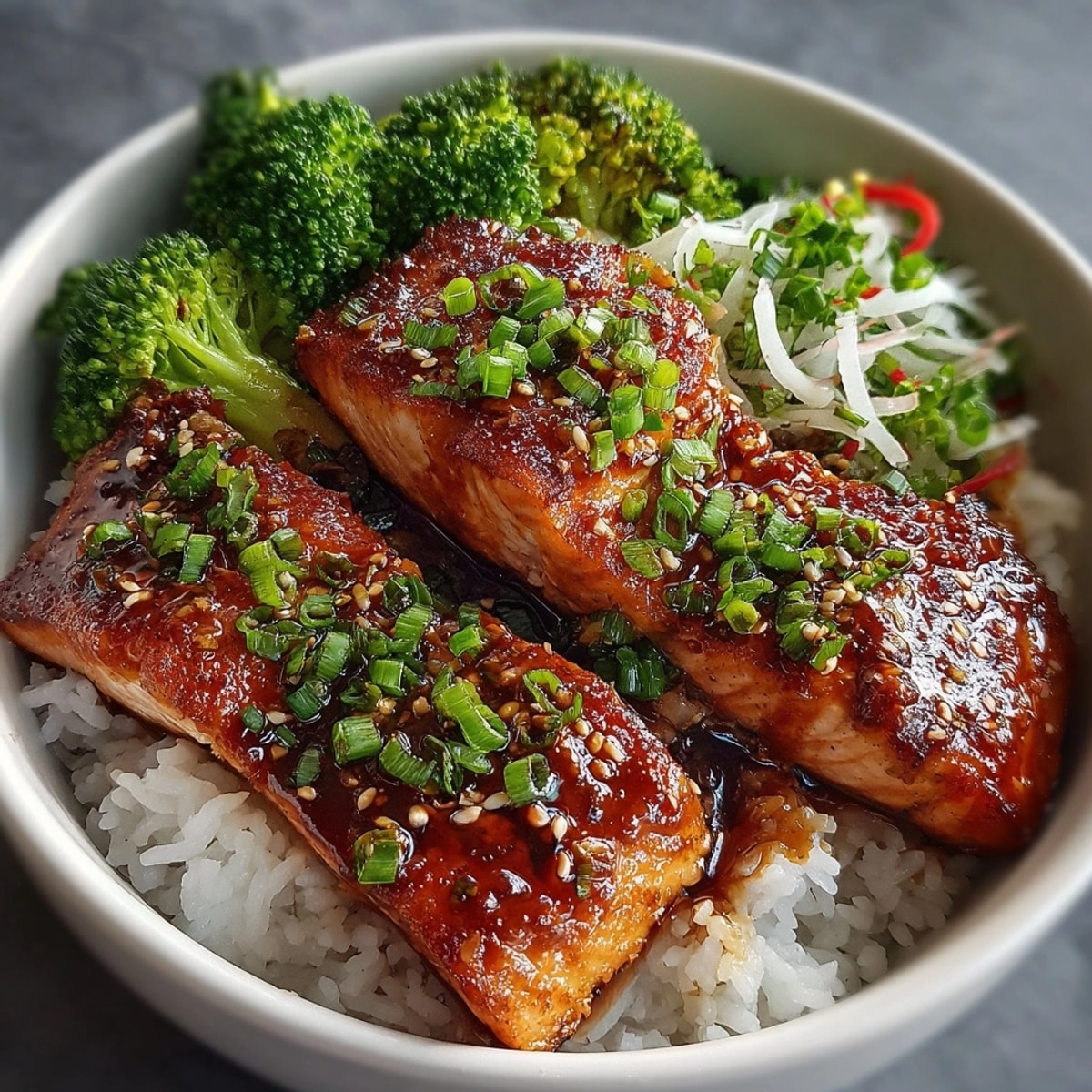 Delicious 15-Minute Teriyaki Salmon Bowls: Tender salmon glistening with sweet and savory teriyaki sauce.