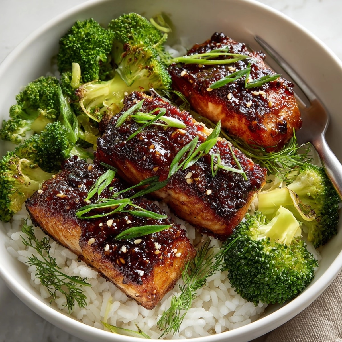 Vibrant 15-Minute Teriyaki Salmon Bowls: Topped with fresh avocado and sesame seeds.