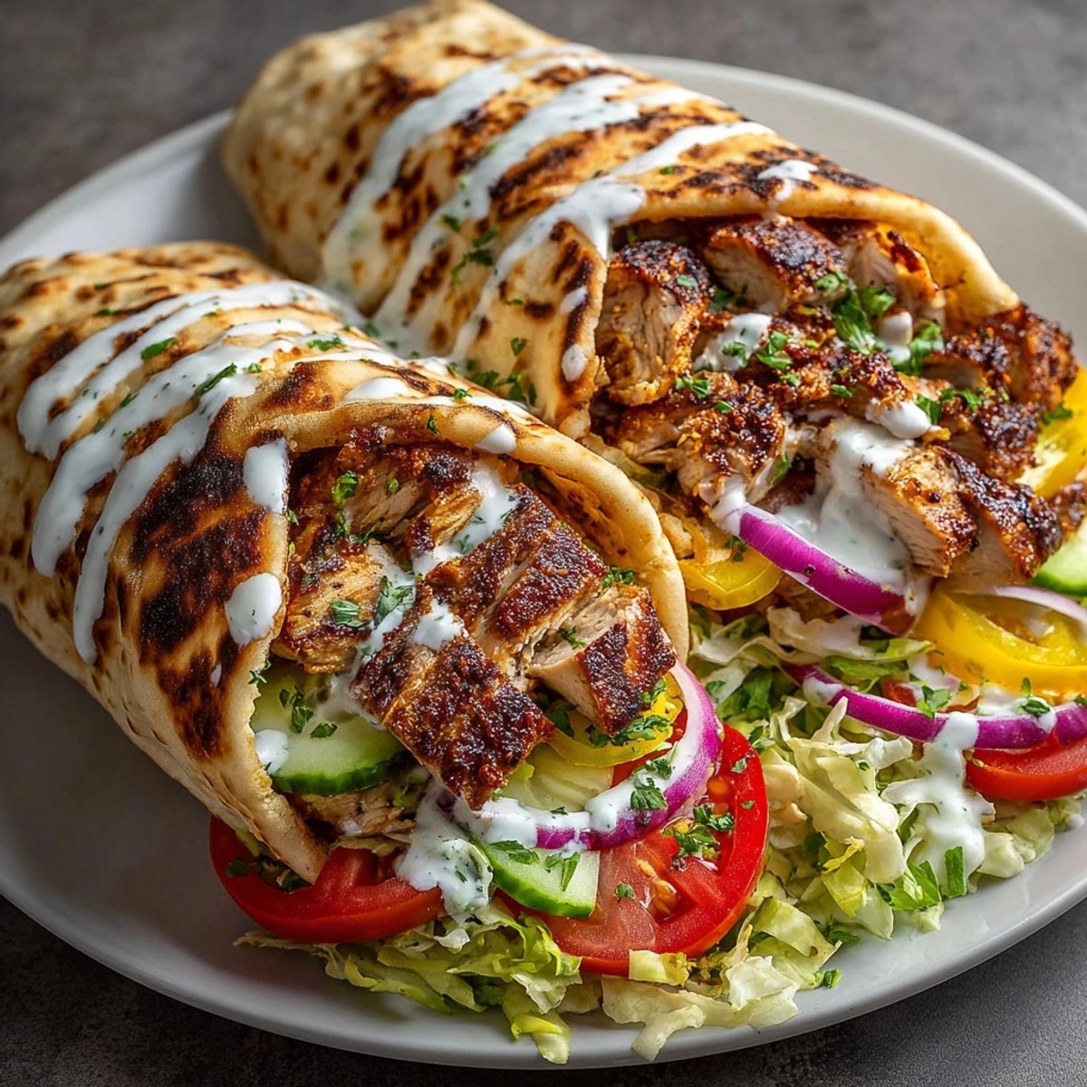 Mediterranean Chicken Shawarma Wraps, golden-brown and piled high in a warm pita with fresh toppings.