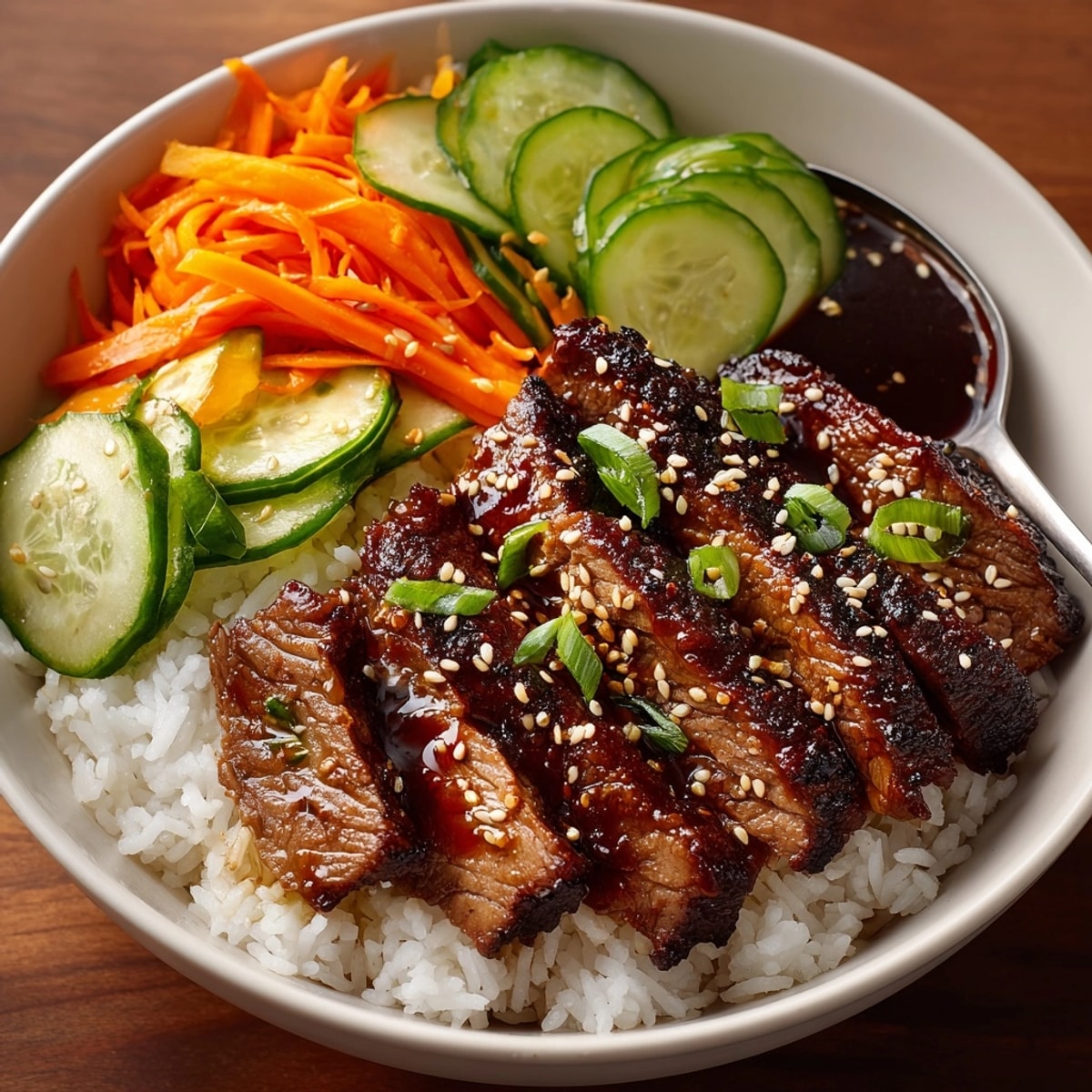 Savory Korean BBQ Beef Rice Bowls: Close-up of tender beef over steaming rice.