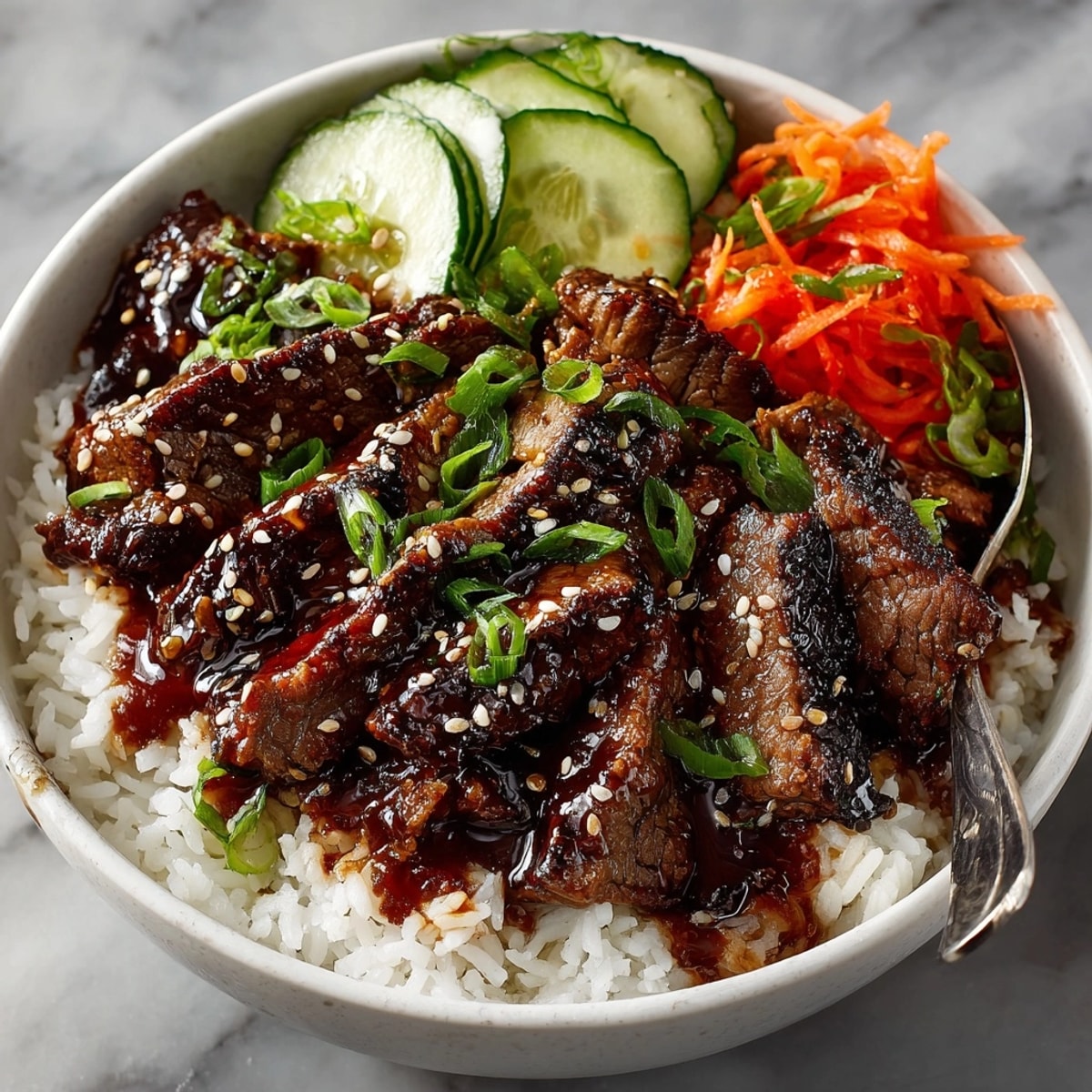 A delicious serving of Korean BBQ Beef Rice Bowls, ready to enjoy tonight.