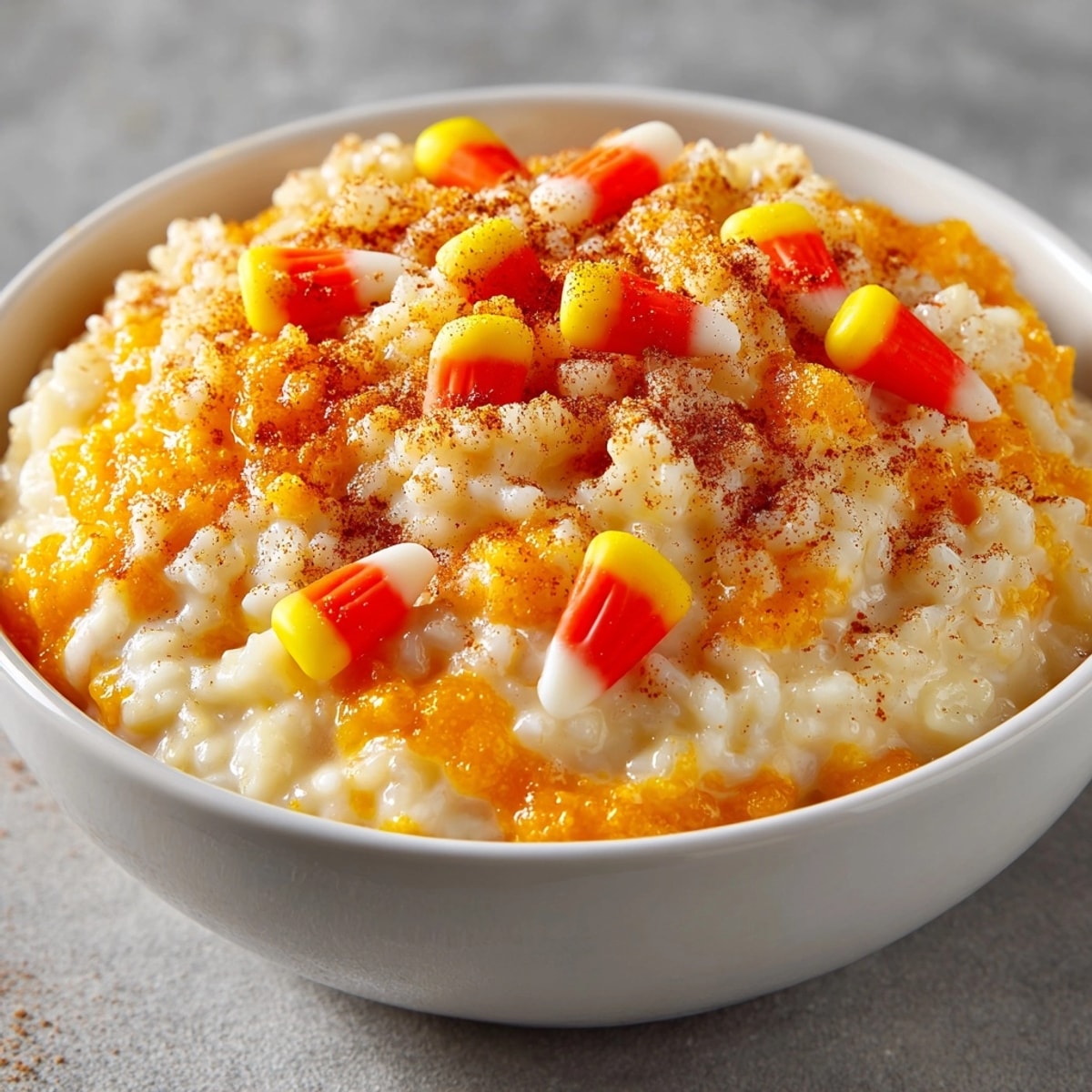 Homemade Pumpkin Spice Rice Pudding, a Thanksgiving dessert with soft texture and vibrant color.