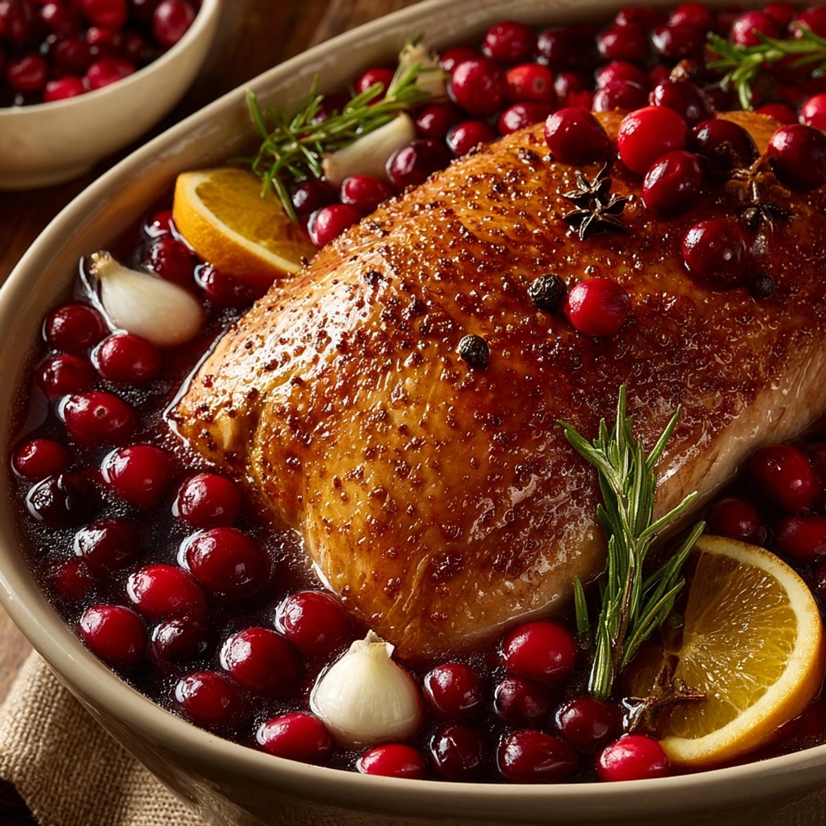 Close up of a glistening, raw turkey submerged in a beautiful cranberry orange turkey brine.