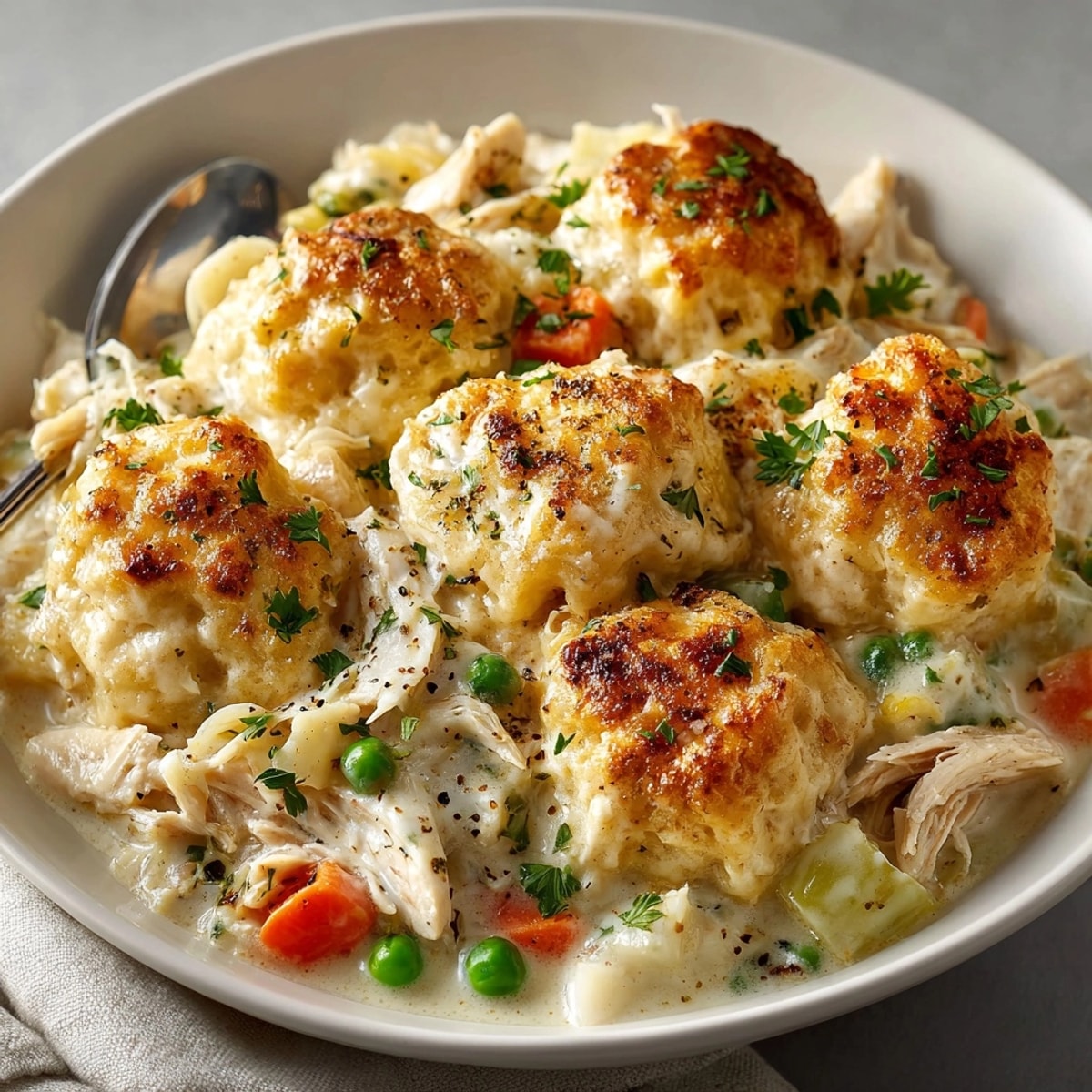 Golden Chicken and Dumplings Casserole, fresh from the oven, bubbling with a creamy sauce.