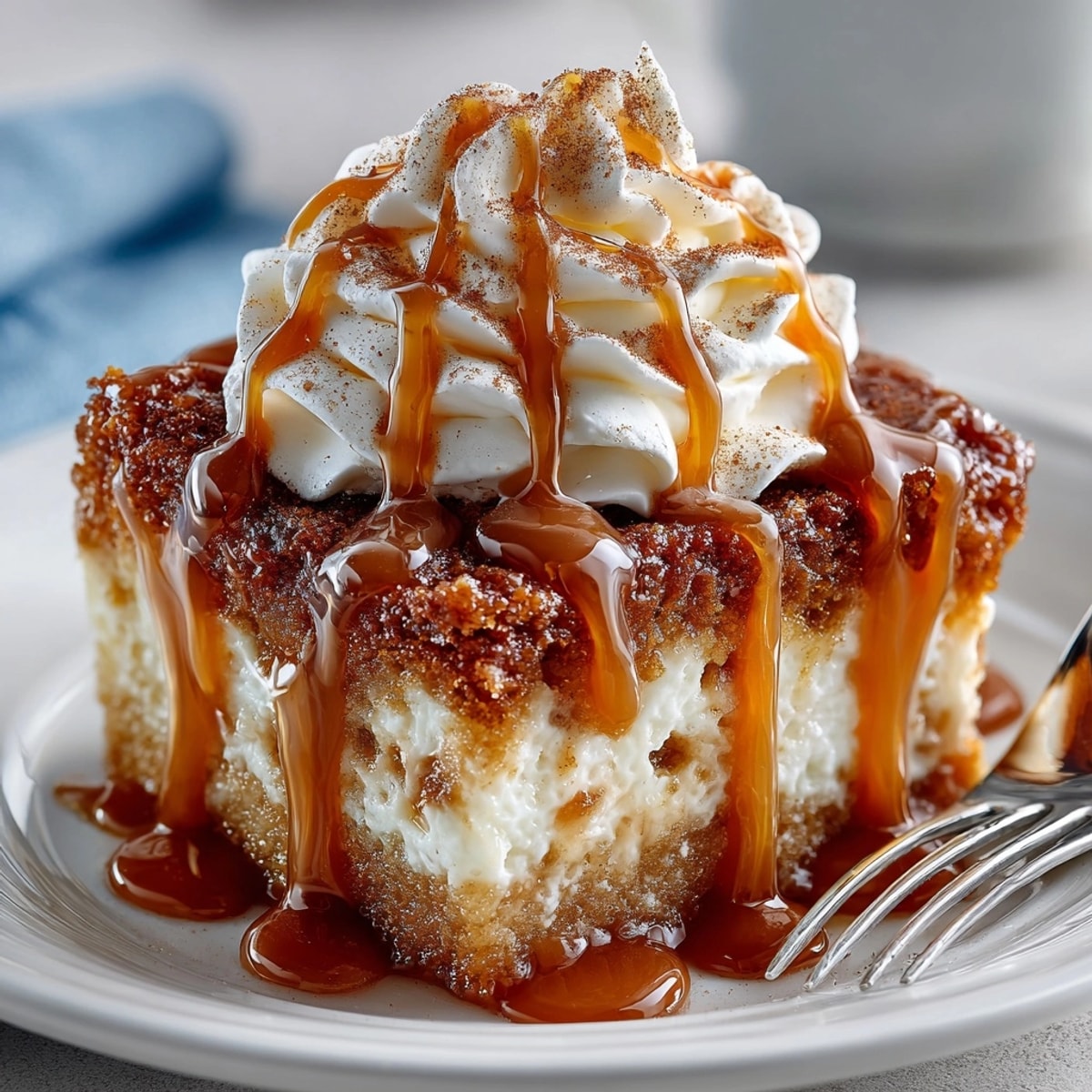 Moist Apple Cider Caramel Poke Cake awaits topping with creamy whipped frosting.
