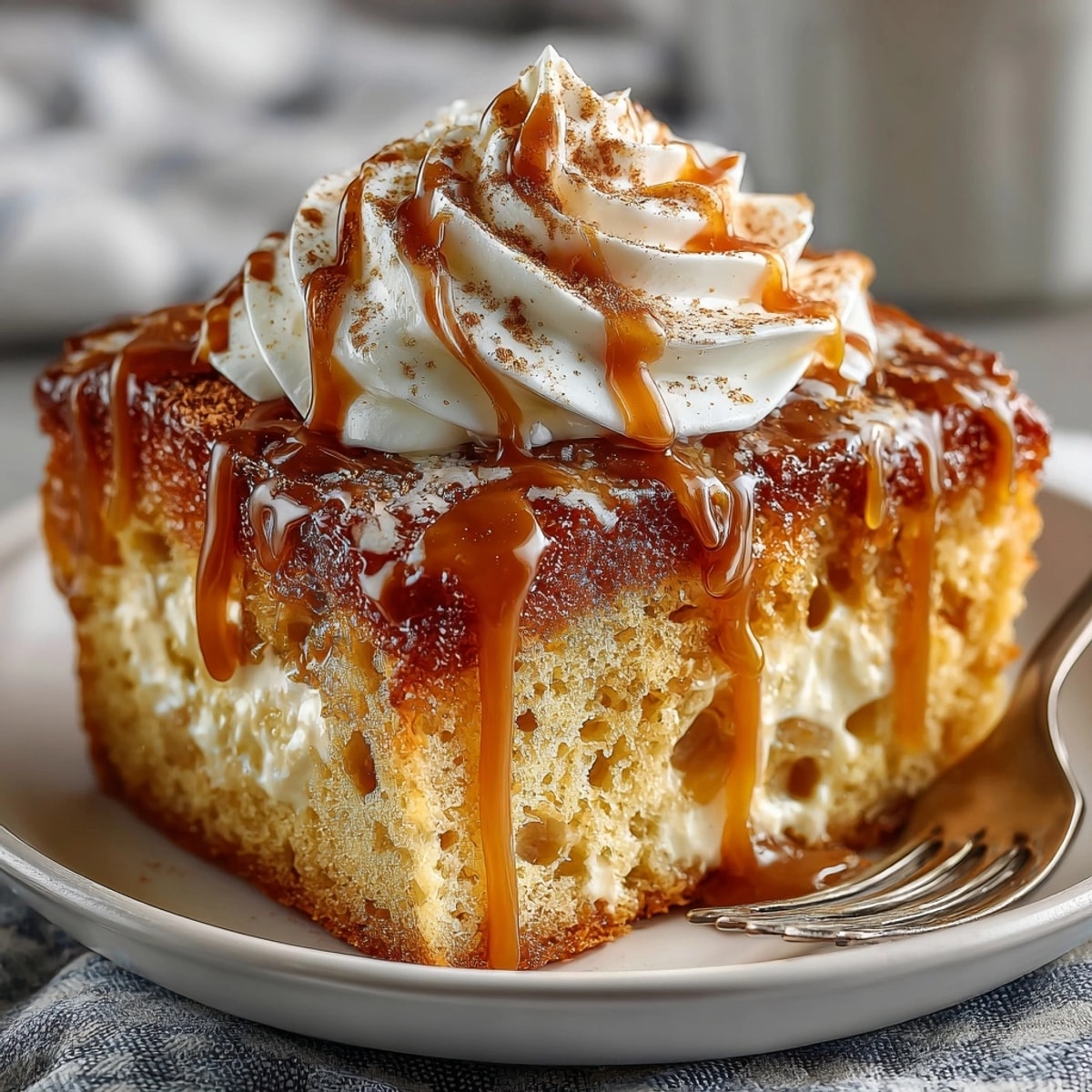 Golden Apple Cider Caramel Poke Cake after baking, perfect for holiday dessert tables.