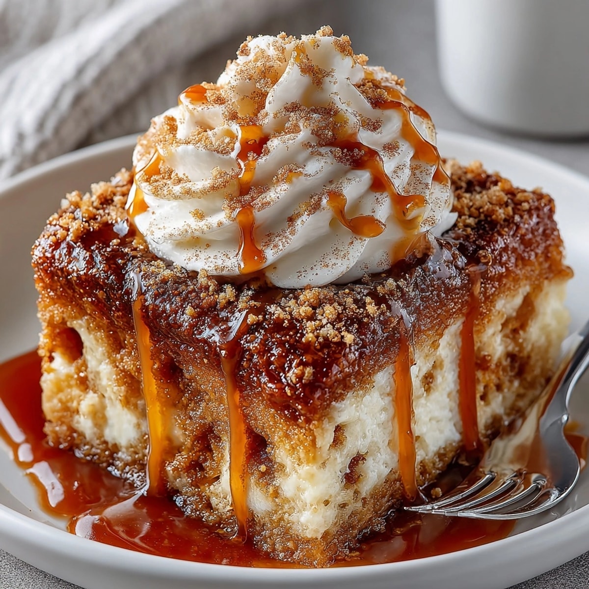 Warm, gooey Apple Cider Caramel Poke Cake soaked in rich, buttery caramel sauce.
