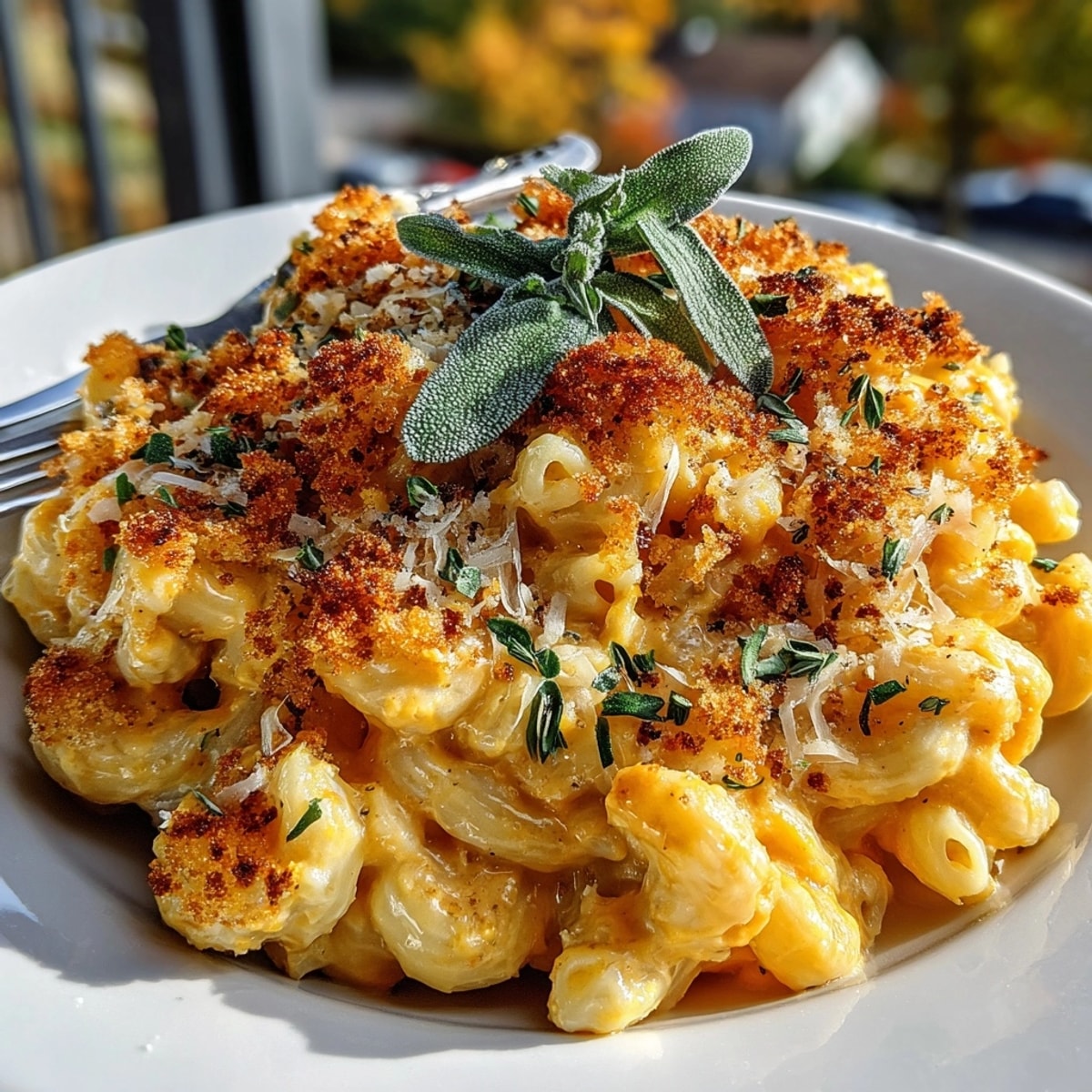 Golden Butternut Squash Mac & Cheese with crispy sage breadcrumbs, fresh from the oven.