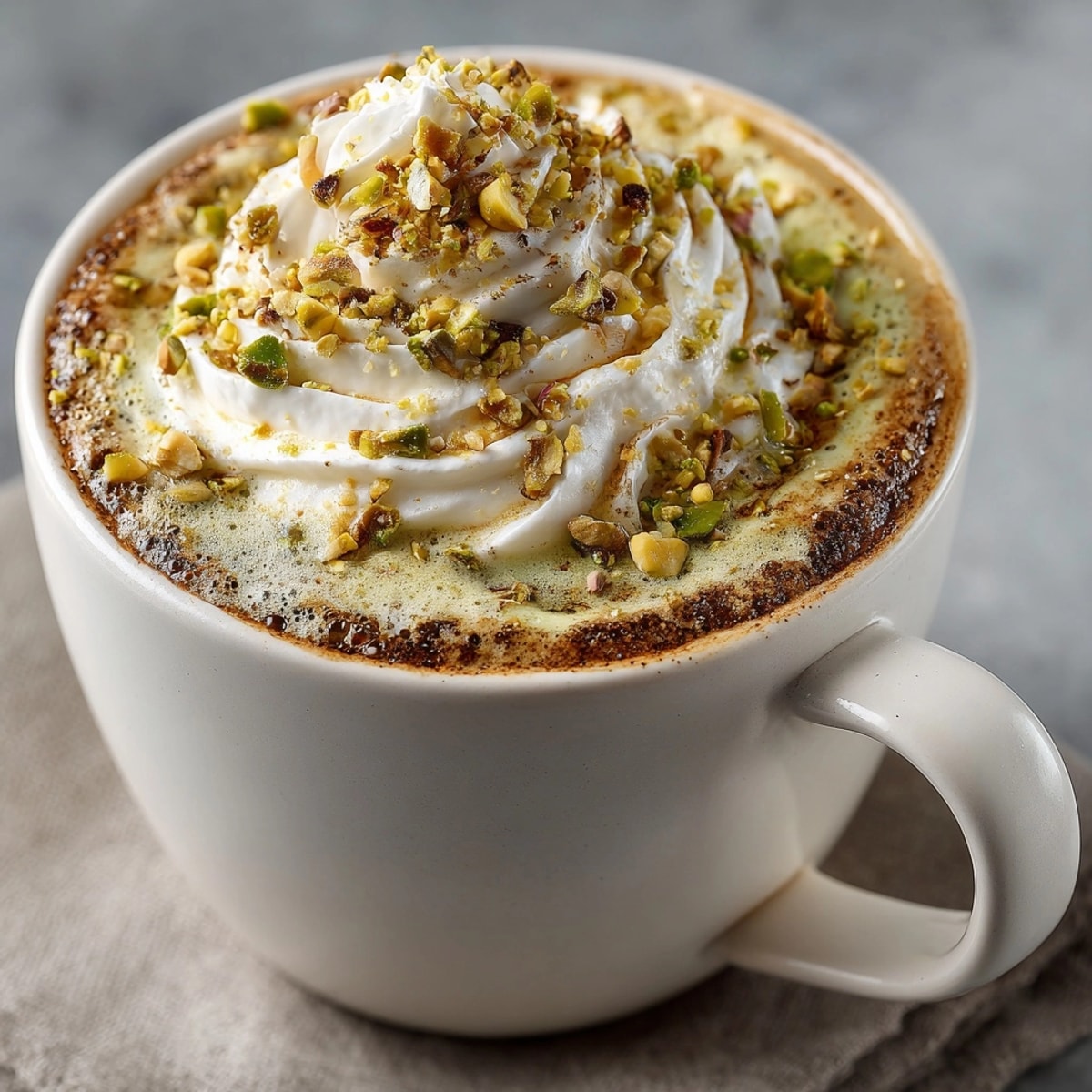 Creamy Pistachio Coffee recipe: Warm, nutty, and aromatic, served in a clear glass mug.
