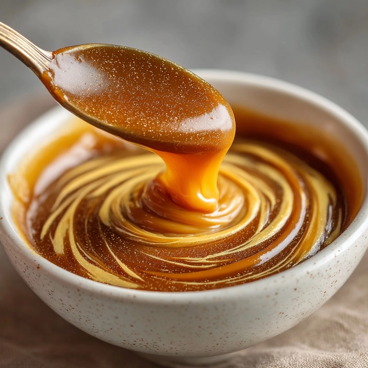 Golden Miso Caramel Sauce drizzled on vanilla ice cream looks smooth and decadent.