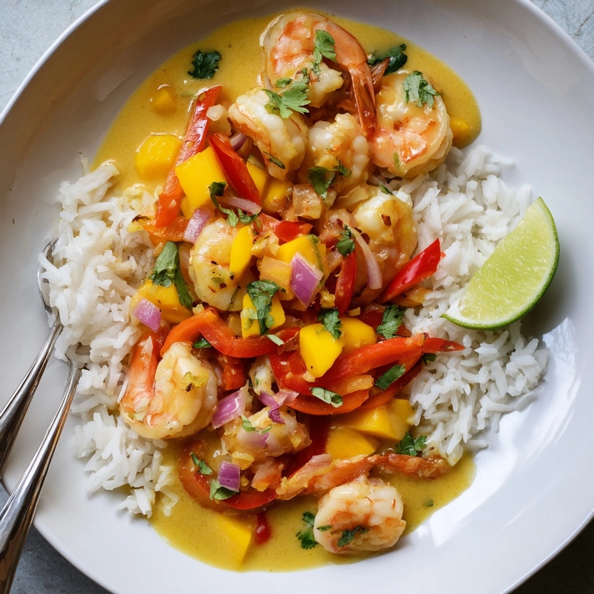 Golden Shrimp and Mango Curry Skillet bubbling with coconut milk, a sweet aromatic delight.