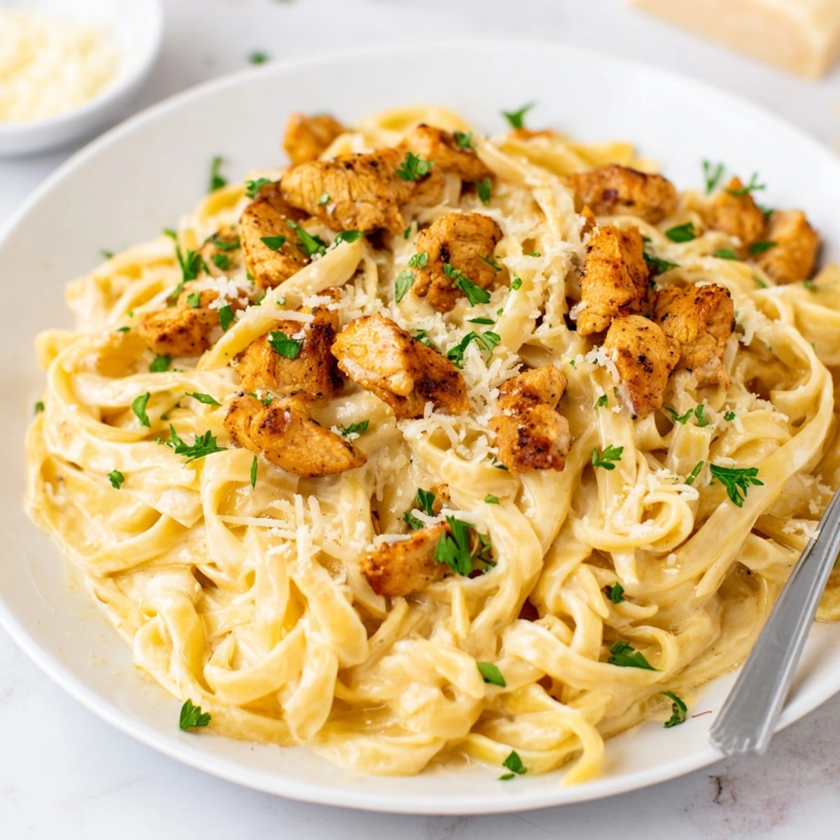 Creamy Cajun Spiced Turkey Alfredo pasta, garnished with parsley and grated Parmesan.
