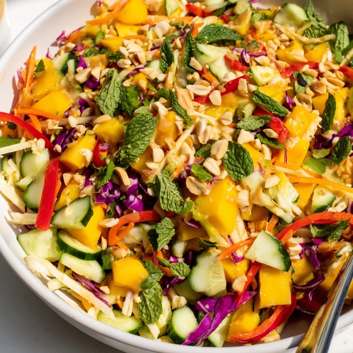 Imagine vibrant layers of textures, the fresh, tangy taste of this Thai Peanut Mango Salad.