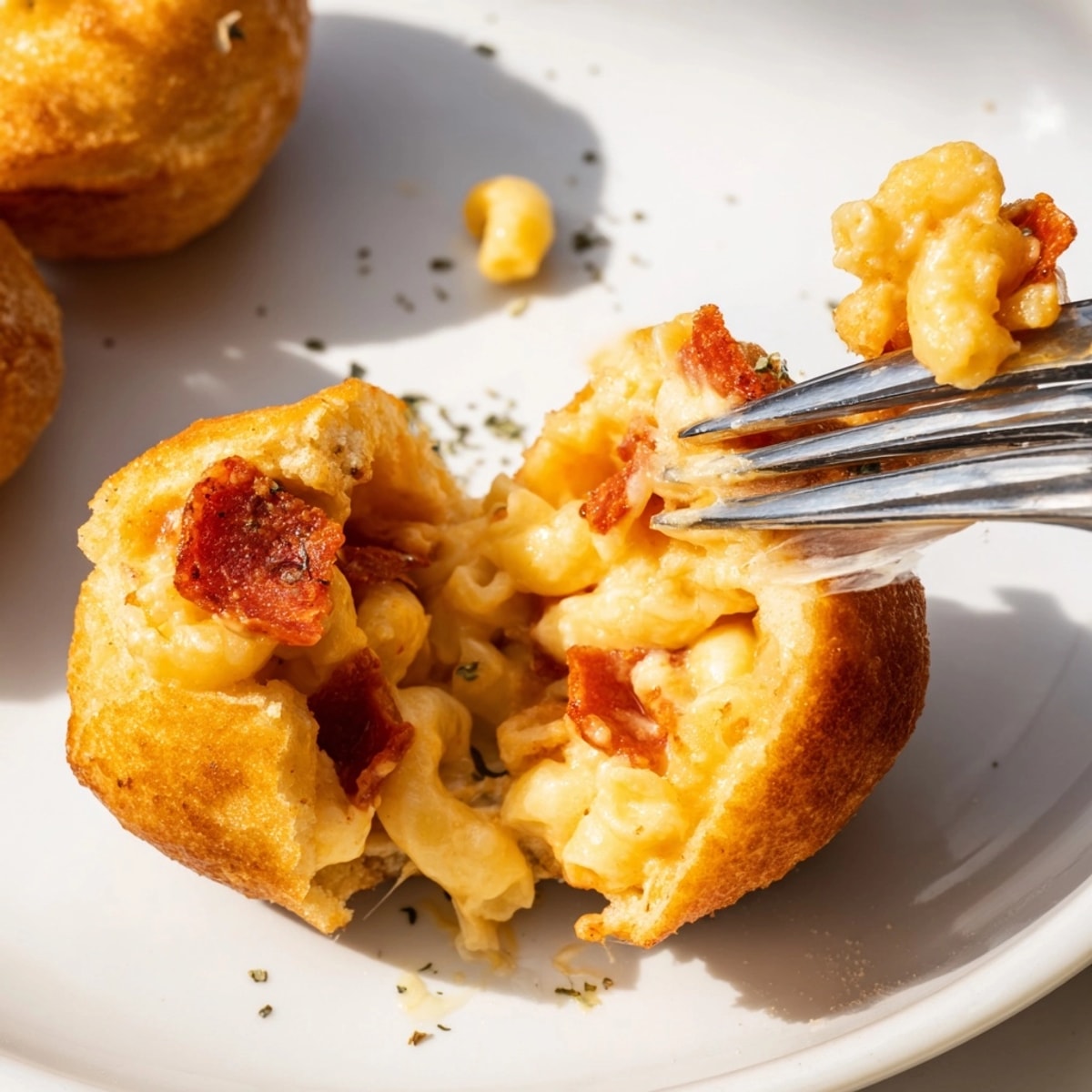 Stacked Cheesy Pepperoni Mac Bombs drizzled with marinara, ready to serve as the perfect appetizer.