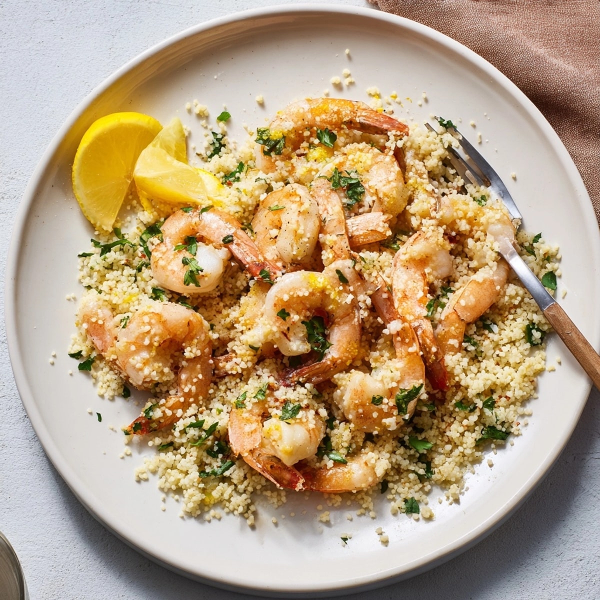 Savory sauteed shrimp and fluffy couscous in a bowl of Shrimp Parmesan Couscous.