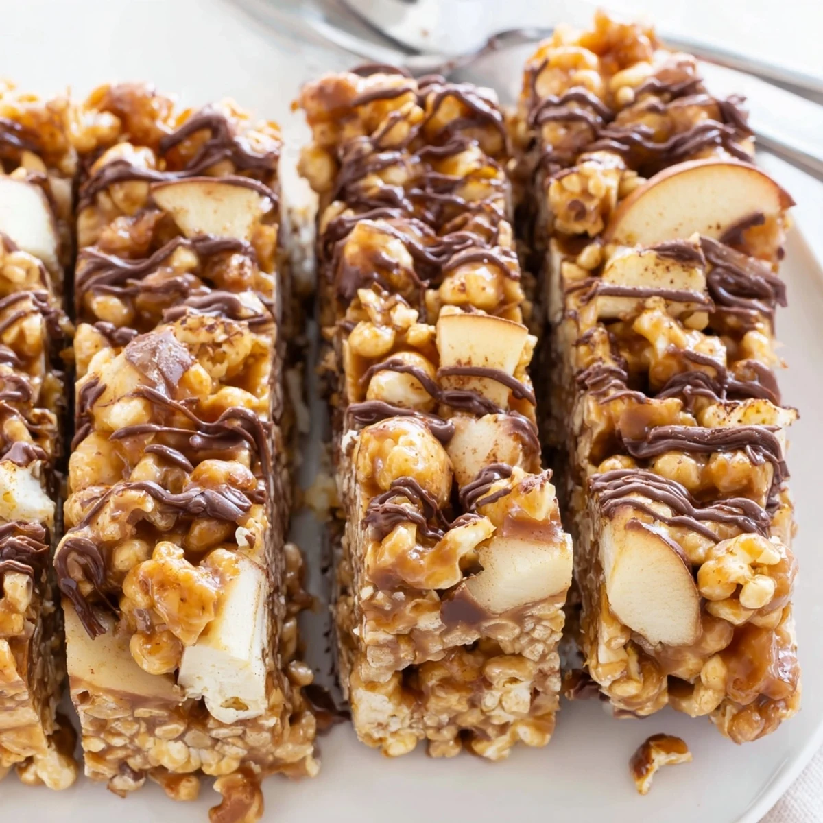 Crunchy popcorn mingles with dried apples in these sweet caramel apple popcorn bars.  