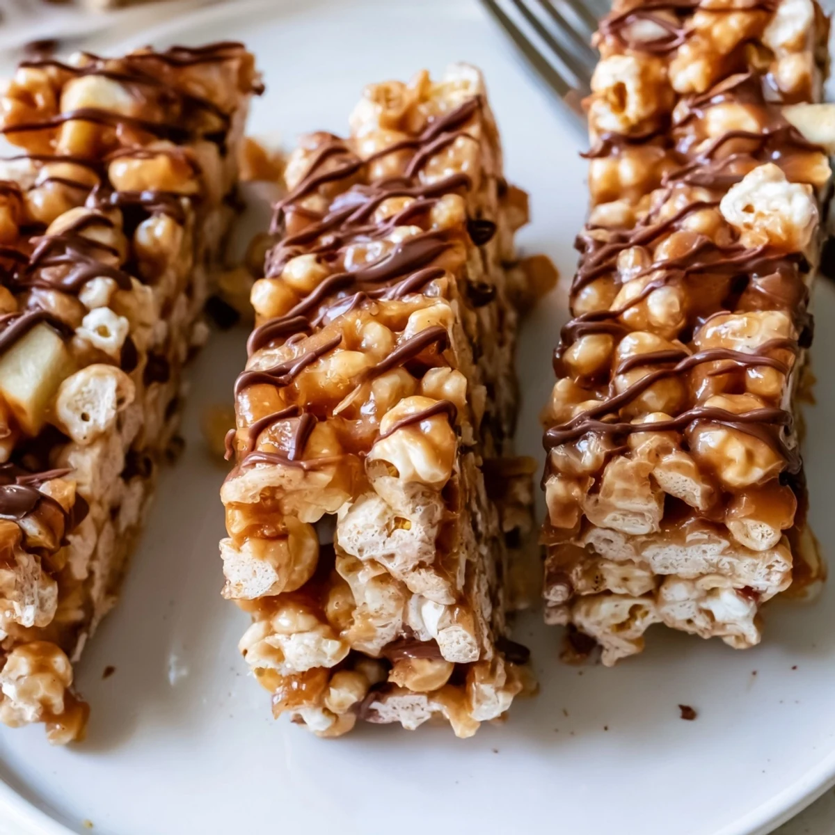 Golden caramel drizzles over chewy apple popcorn bars, perfect for dessert or snacking.