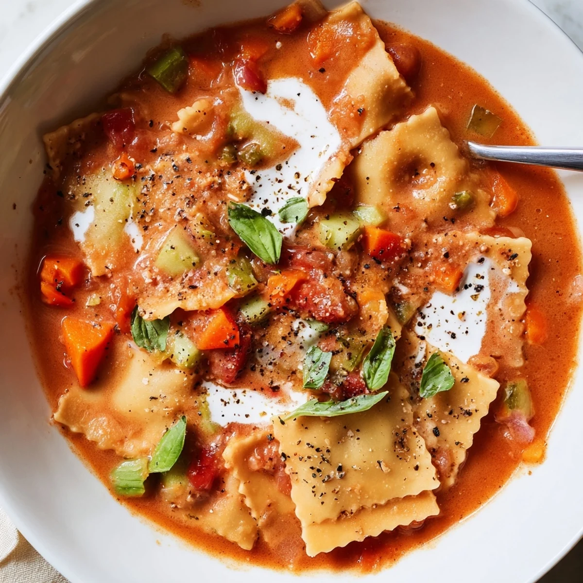 Hearty lasagne soup with creamy truffle sauce, garnished with fresh herbs and cheese.  