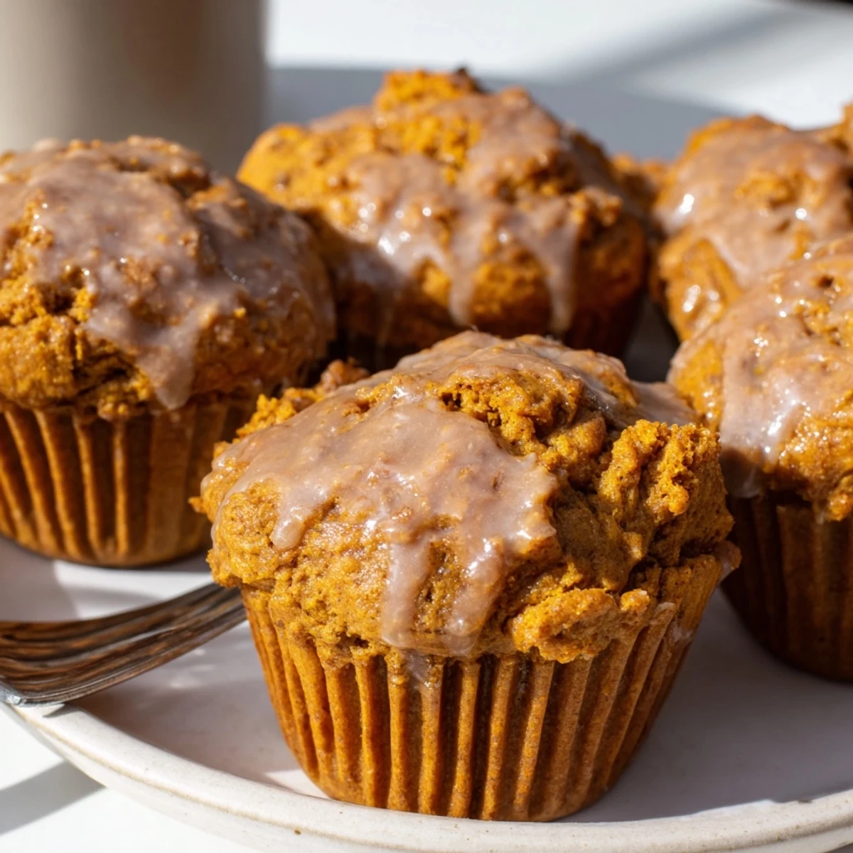 Delicious pumpkin muffins drizzled with a unique smoky maple glaze, perfect for autumn.