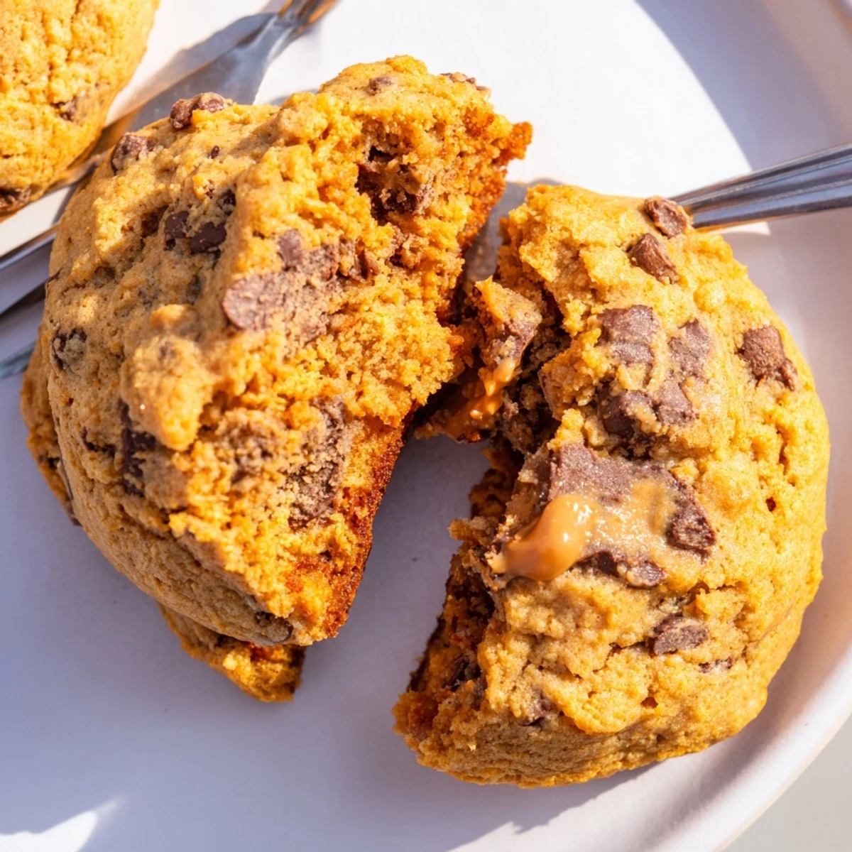 Golden-brown pumpkin chocolate chip cookies, enriched with nutty pecan butter for delightful flavor.