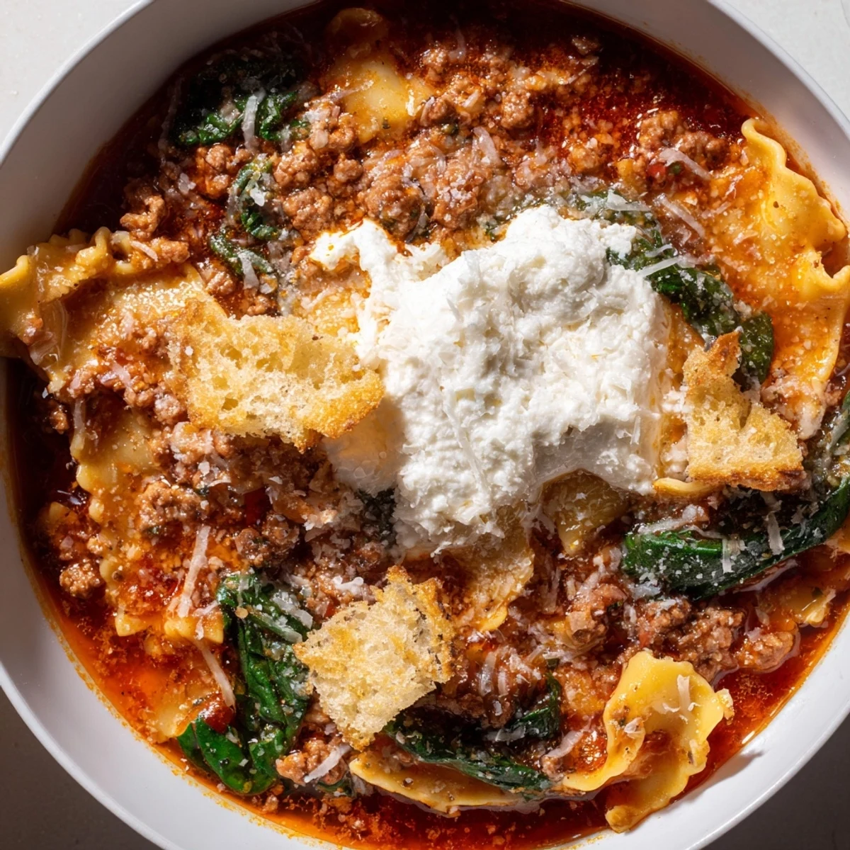Hearty Lasagne Soup topped with crunchy roasted garlic croutons and cheeses.  