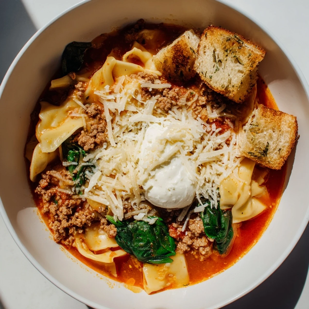 Flavorful Lasagne Soup served with crispy croutons for a comforting meal.  