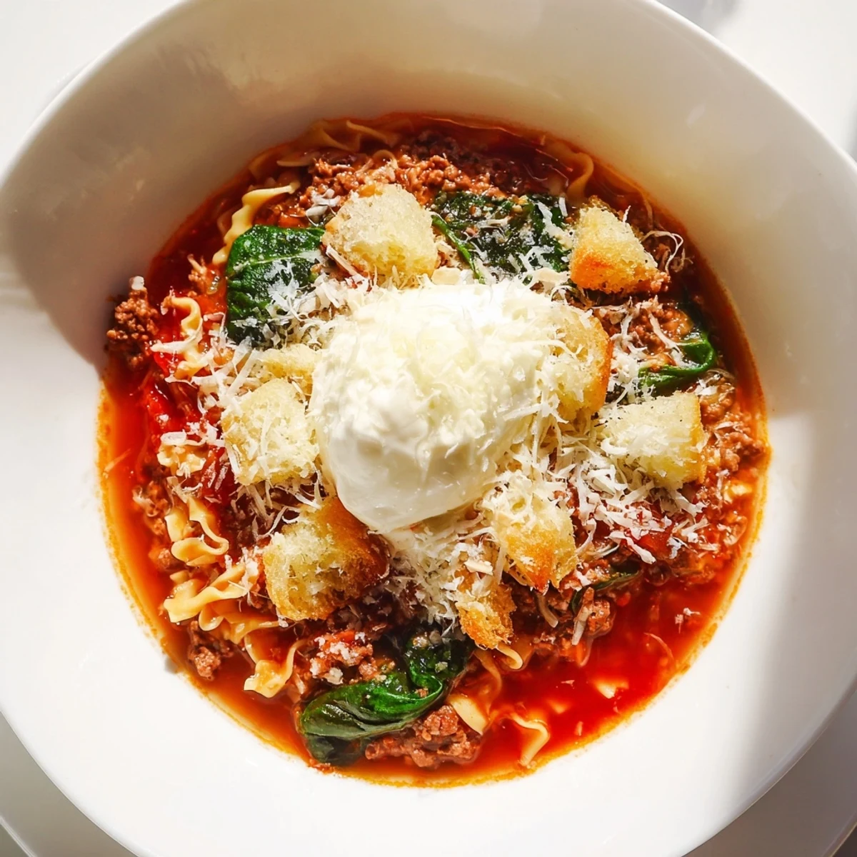 Warm Lasagne Soup full of savory flavors, finished with garlic bread cubes.