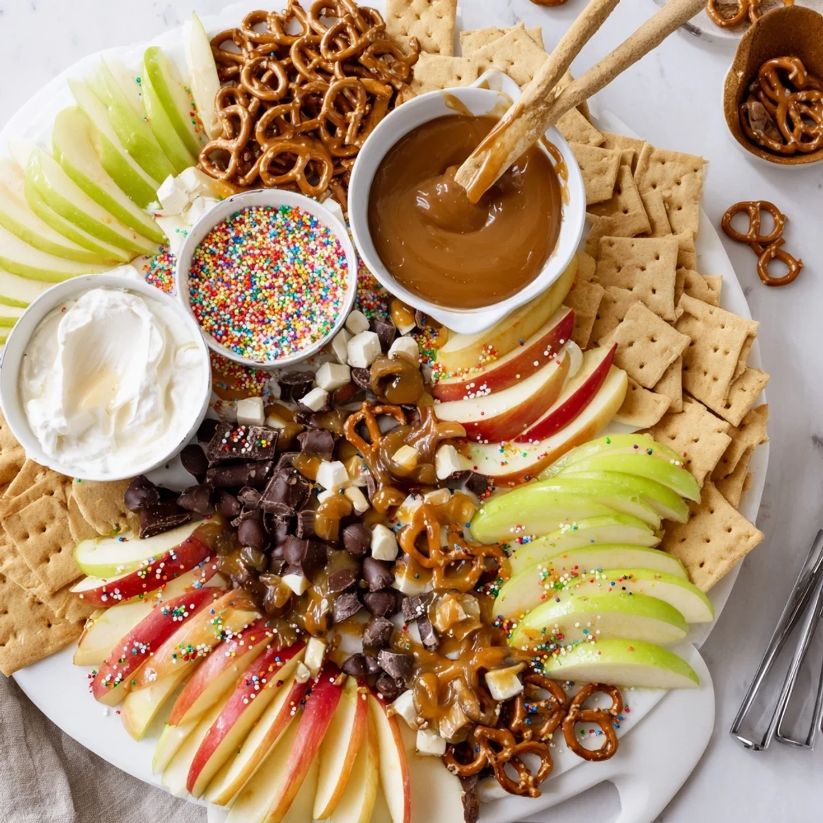 A colorful Caramel Apple Charcuterie Board adorned with salty pretzels and dips.  