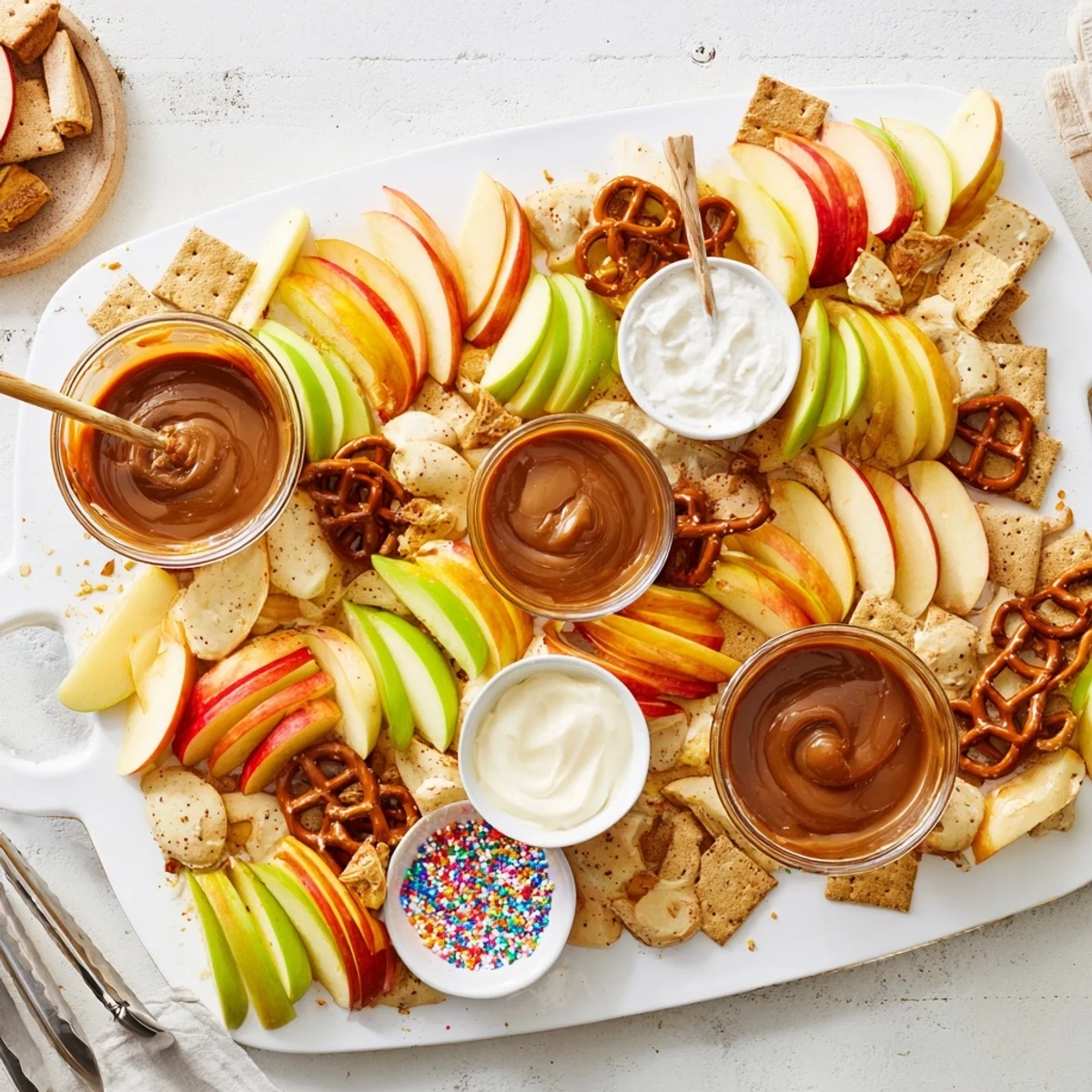 Festive Caramel Apple Charcuterie Board featuring pretzels and a variety of sweet toppings.