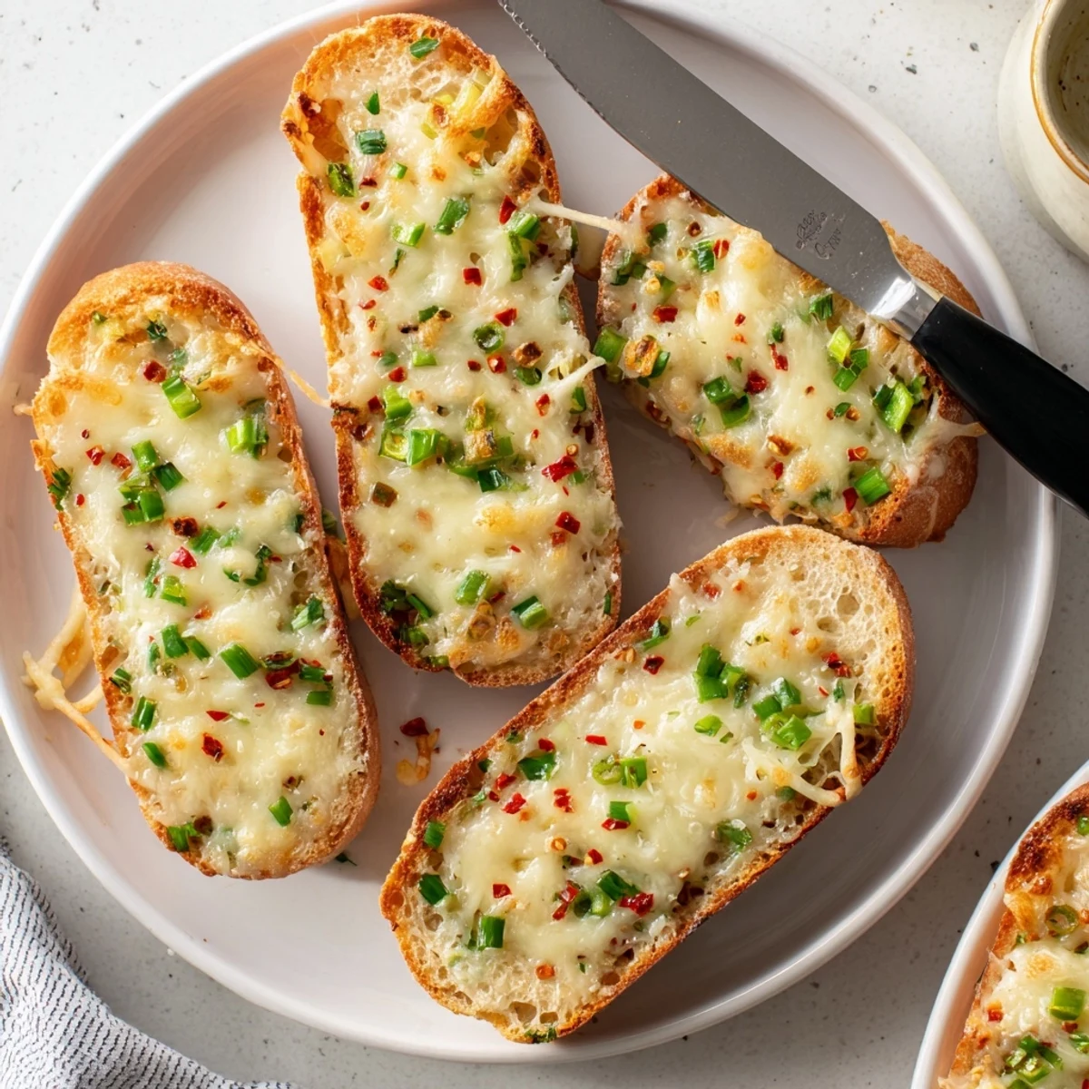 Crispy chili cheese garlic bread slices ready for a savory snack delight.  