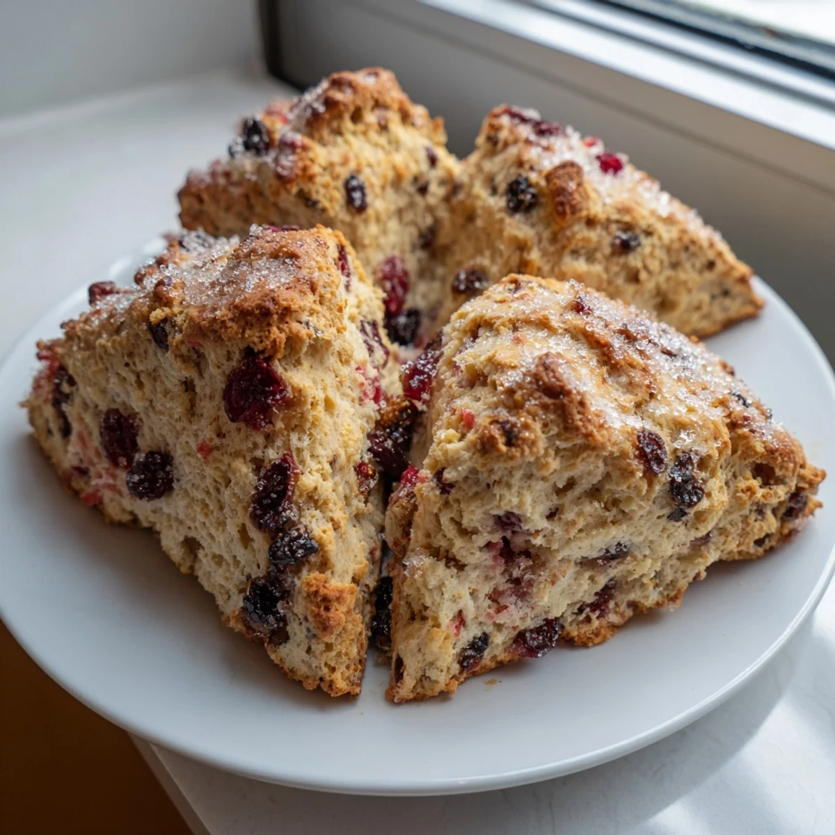 Warm, golden Sparkling Cherry Soda scones topped with coarse sugar and cherries.