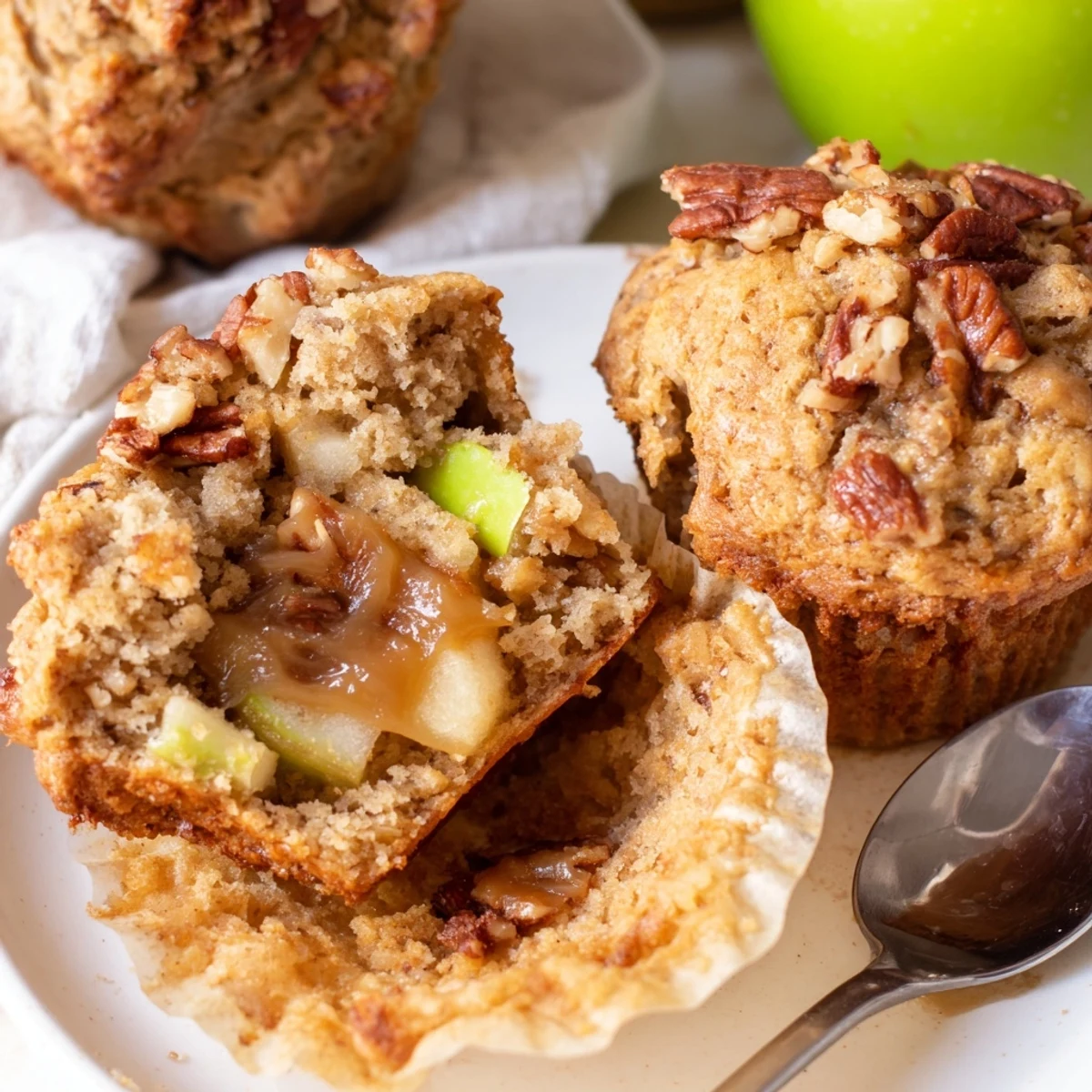 Moist caramel apple pecan muffins topped with caramel drizzle, perfect for breakfast.  