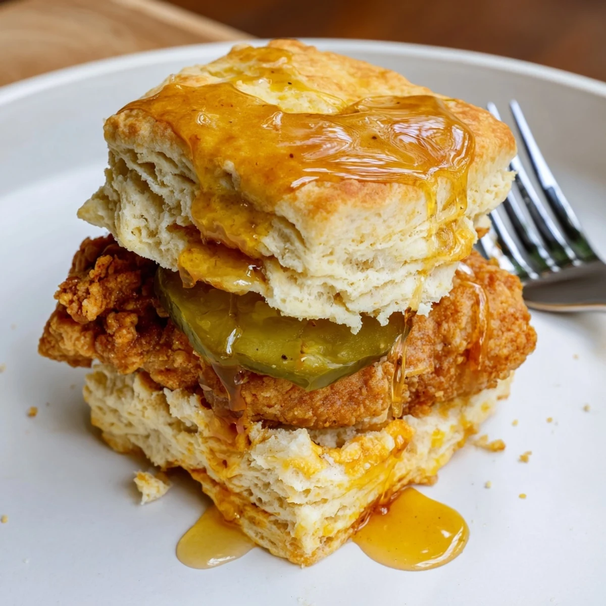 Buttery Nashville Hot Honey Biscuit Sliders with crispy chicken and spicy honey drizzle.  