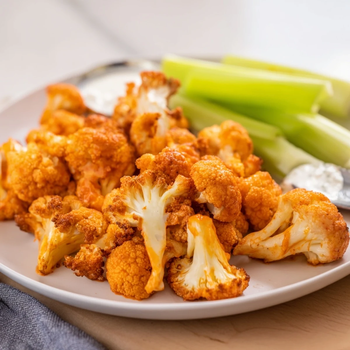 Golden, flavorful Cauliflower Buffalo Wings garnished with celery and a side of ranch.