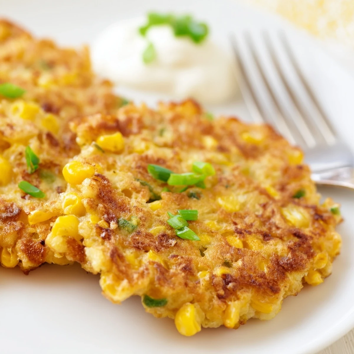 Crispy Sweet Corn Fritters, bursting with flavor from fresh green onions and corn.