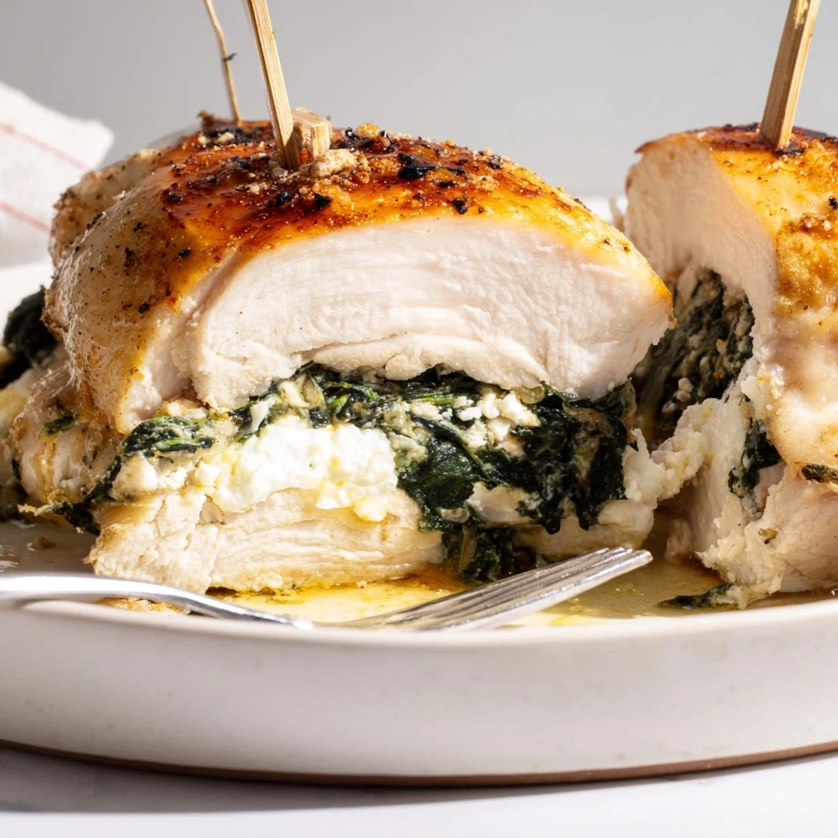 Deliciously creamy spinach and feta stuffed chicken, perfect for a Mediterranean-inspired dinner.