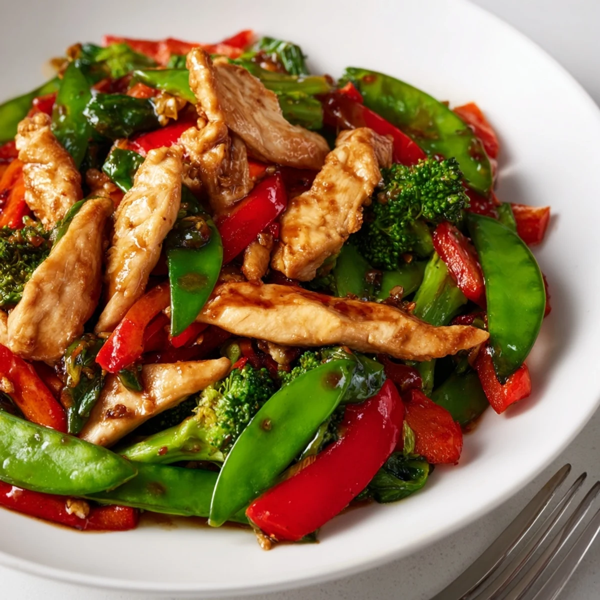 Tender chicken and vibrant vegetables in a quick chicken and veggie stir-fry dish.  
