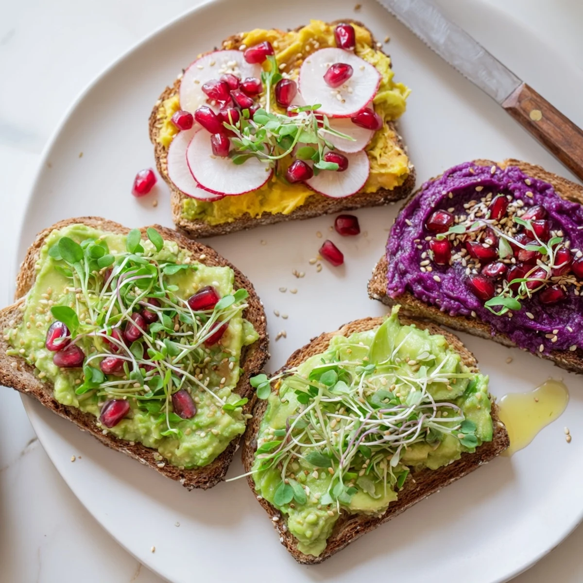 Vibrant and colorful breakfast toasts topped with ube spread and fresh garnishes. 