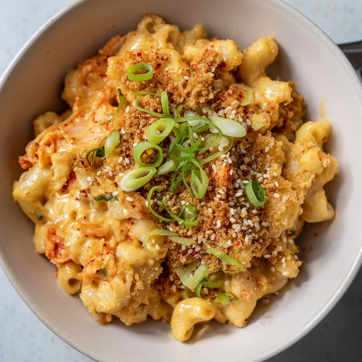 Decadent Spicy Kimchi Mac & Cheese, enhanced with tangy kimchi and a crispy topping.