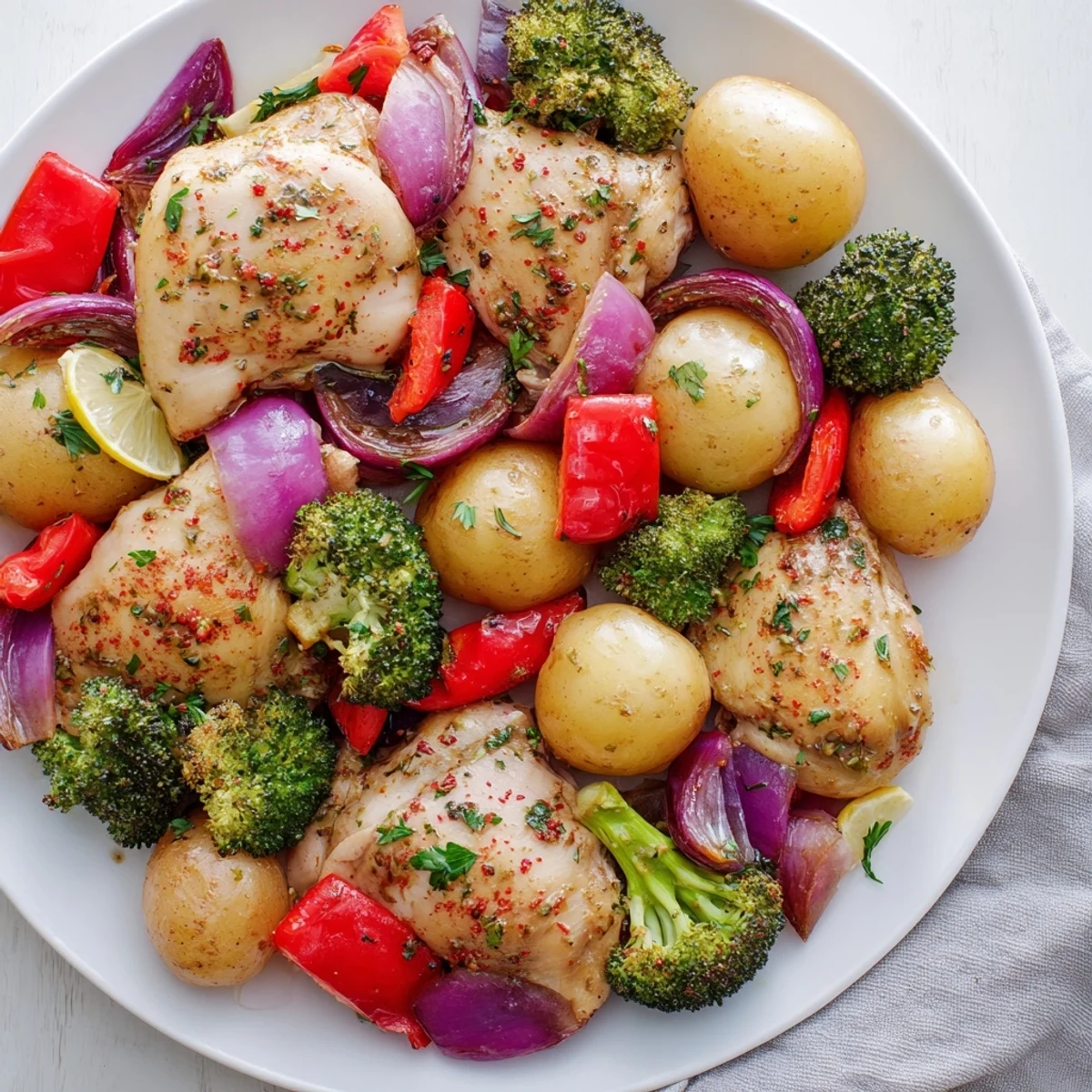 Succulent Lazy Gourmet Chicken & Vegetable One-Pot, served with fresh parsley and lemon.  