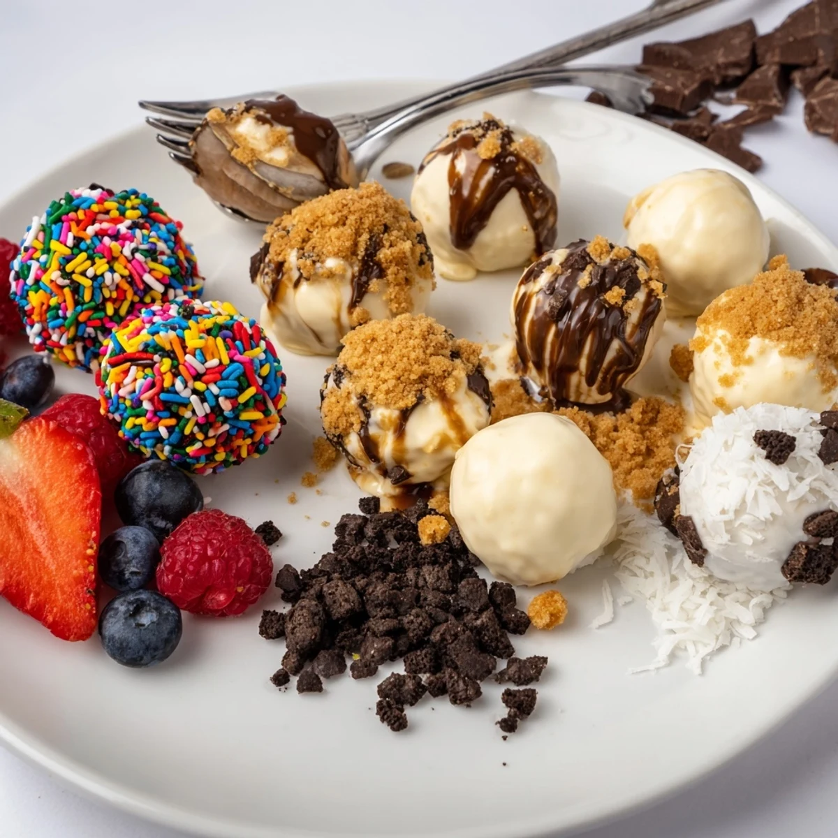 Tempting cheesecake bites with vibrant berries and rich drizzles on a festive board.  