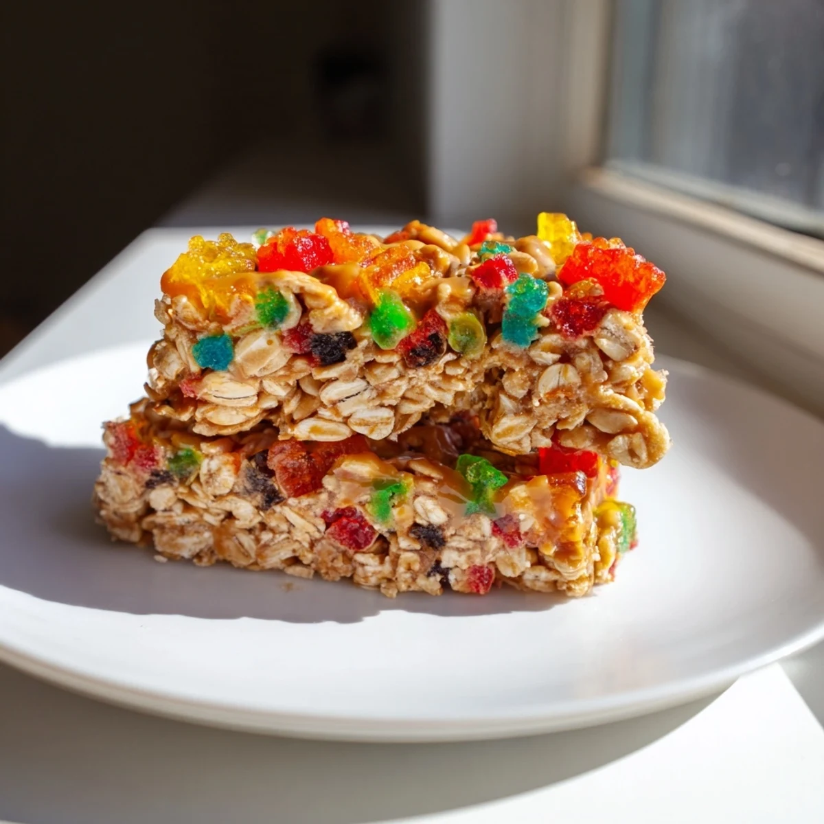 Colorful DIY snack bars topped with chewy homemade gummies and freeze-dried fruit.  