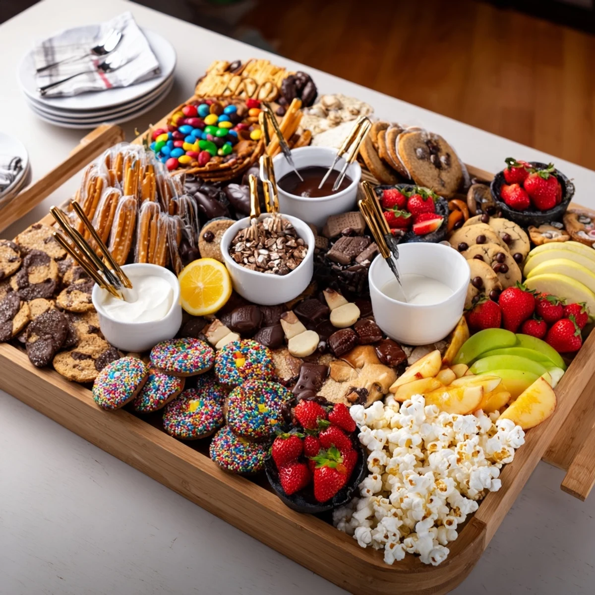 A beautifully arranged dessert board with themed snacks and vibrant fruit displays.  